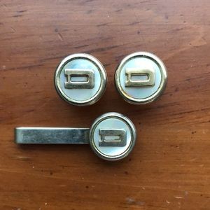 Goldtone Mother of Pearl Letter D Cufflinks and Tie Bar